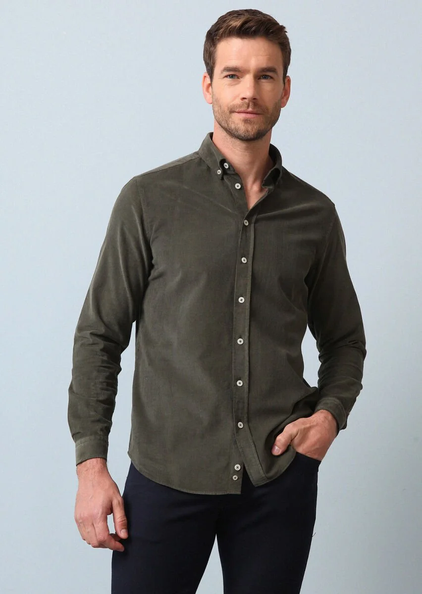 Haki Fitilli Regular Fit Dokuma Kadife Casual %100 Pamuk Gömlek - 2