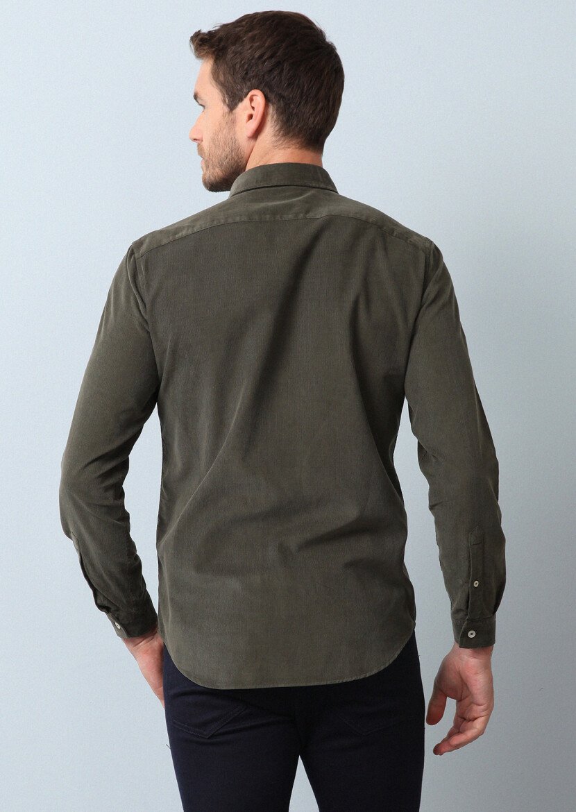 Haki Fitilli Regular Fit Dokuma Kadife Casual %100 Pamuk Gömlek - 5