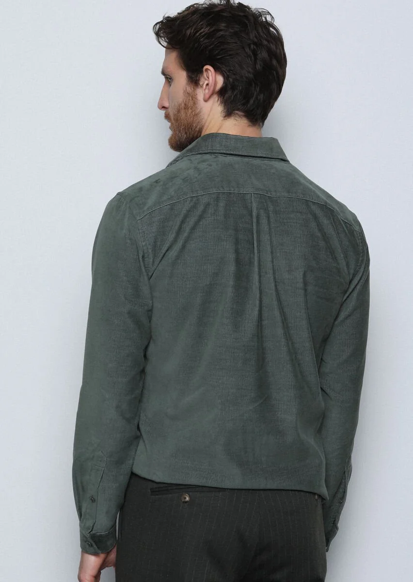 Haki Fitilli Regular Fit Dokuma Kadife Casual Pamuk Karışımlı Gömlek - 5