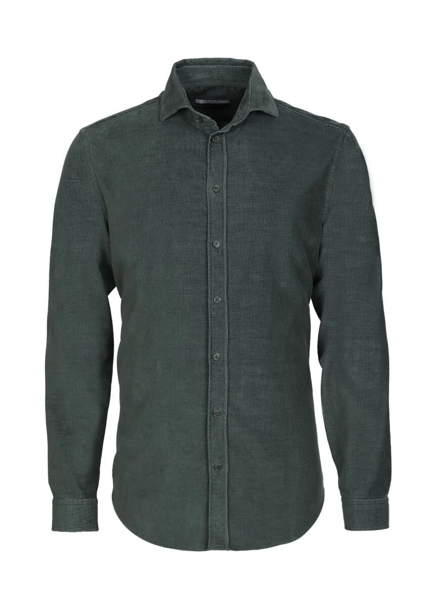 Haki Fitilli Regular Fit Dokuma Kadife Casual Pamuk Karışımlı Gömlek - 6