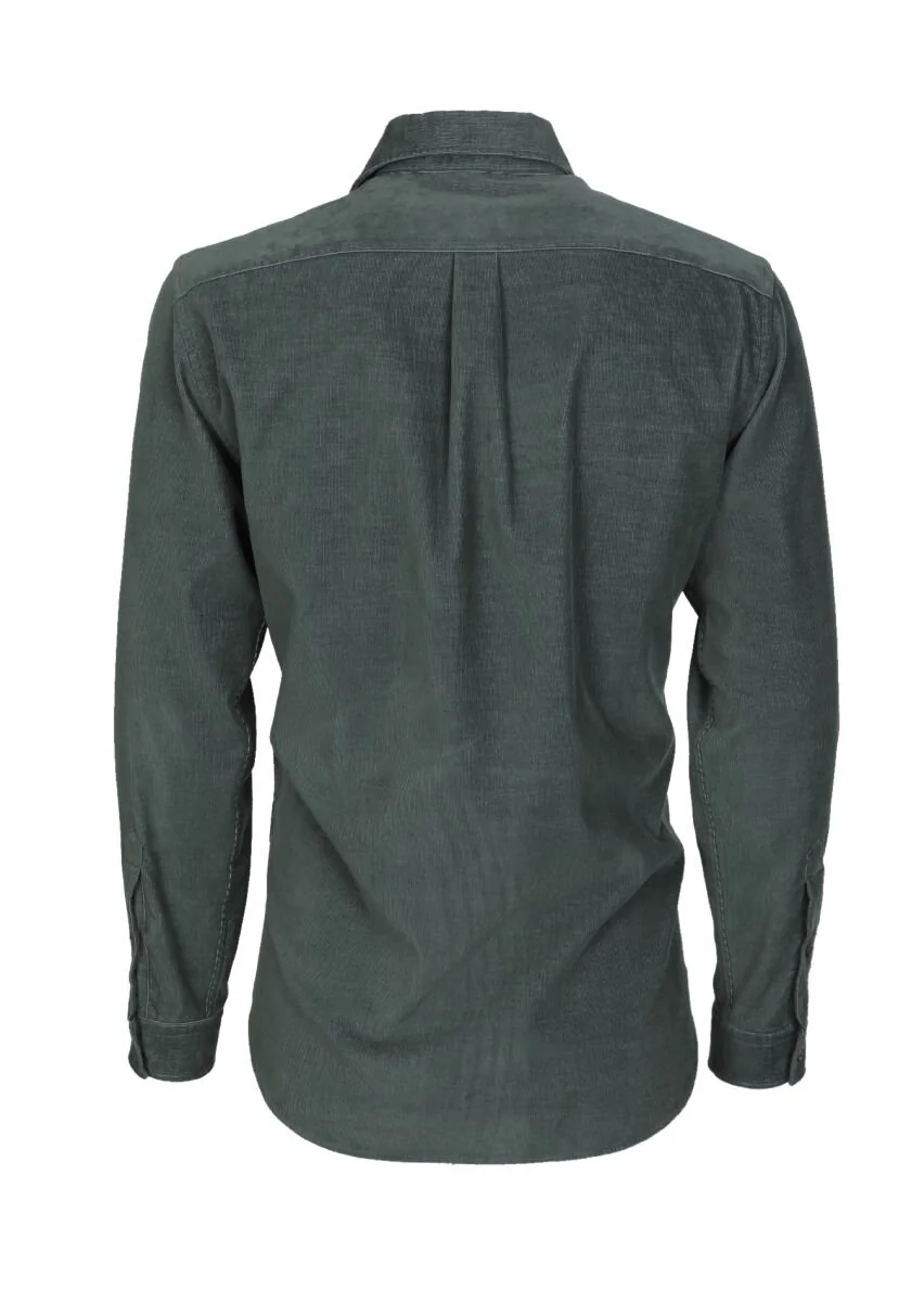 Haki Fitilli Regular Fit Dokuma Kadife Casual Pamuk Karışımlı Gömlek - 7