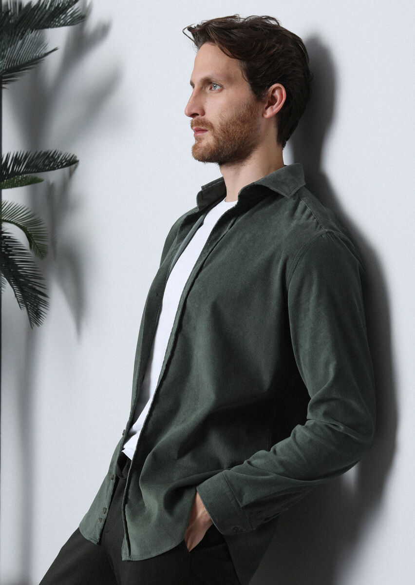 Haki Fitilli Regular Fit Uzun Dokuma Kadife Casual Pamuk Karışımlı Gömlek - 4