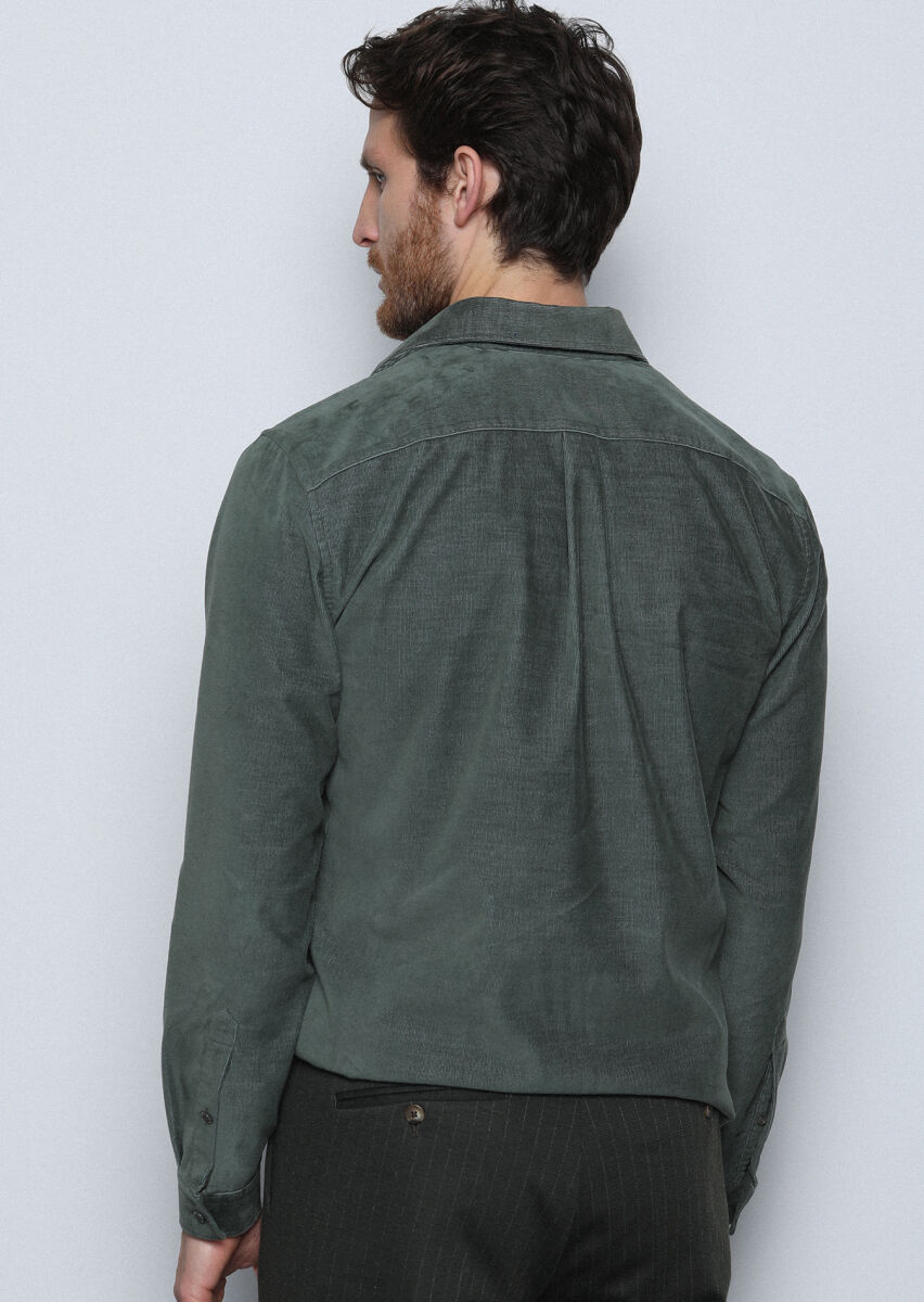 Haki Fitilli Regular Fit Uzun Dokuma Kadife Casual Pamuk Karışımlı Gömlek - 5