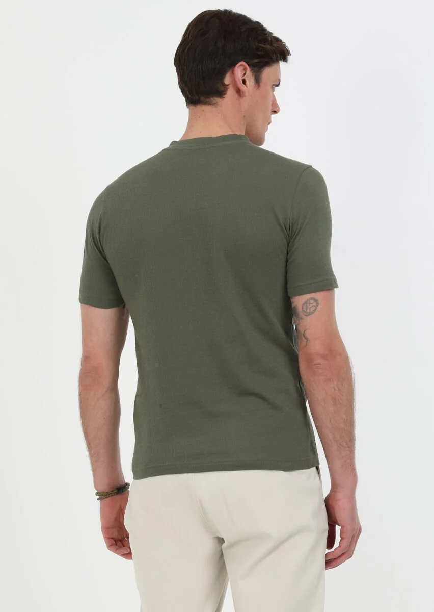 Haki Jakarlı Bisiklet Yaka %100 Pamuk T-Shirt - 5