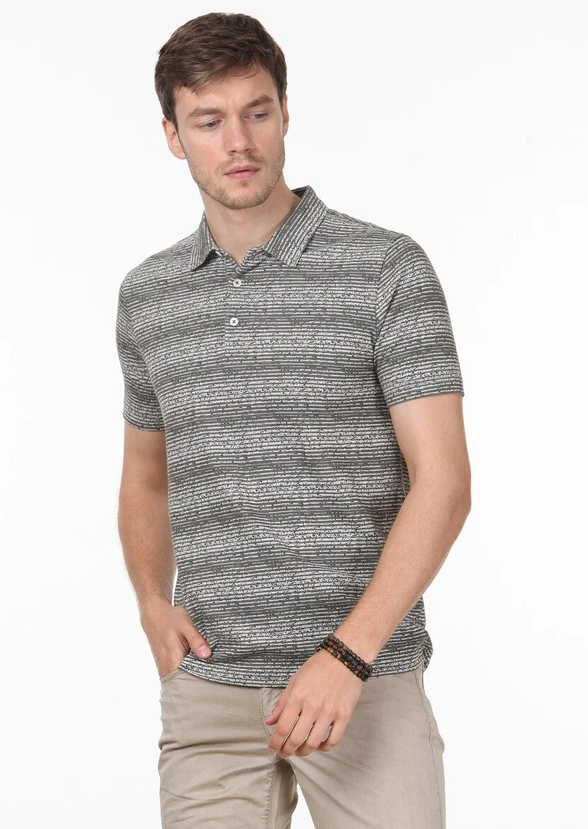 Haki Jakarlı Polo Yaka %100 Pamuk T-Shirt - 1