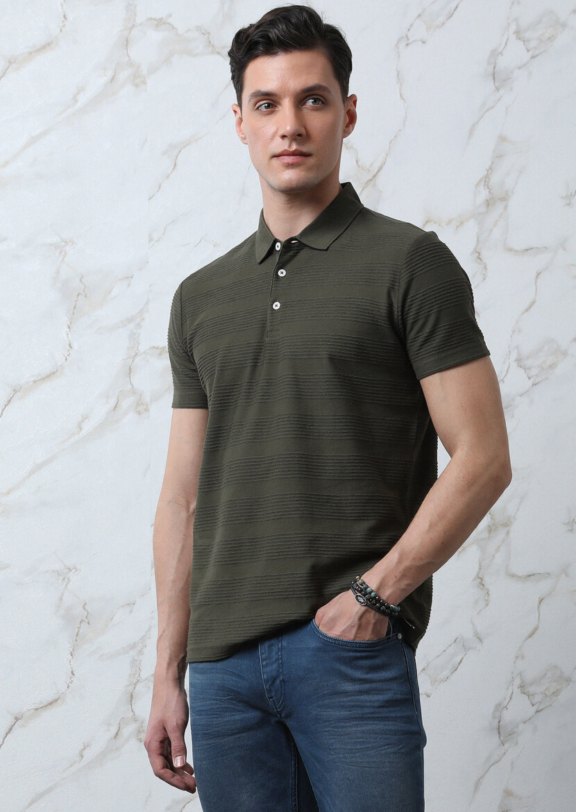 Haki Jakarlı Polo Yaka %100 Pamuk T-Shirt - 1