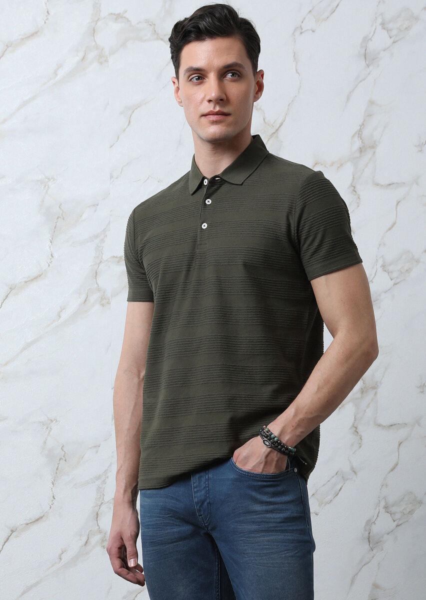 Haki Jakarlı Polo Yaka %100 Pamuk T-Shirt - 1