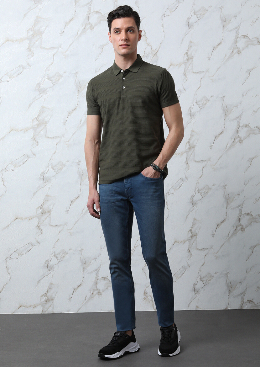 Haki Jakarlı Polo Yaka %100 Pamuk T-Shirt - 2