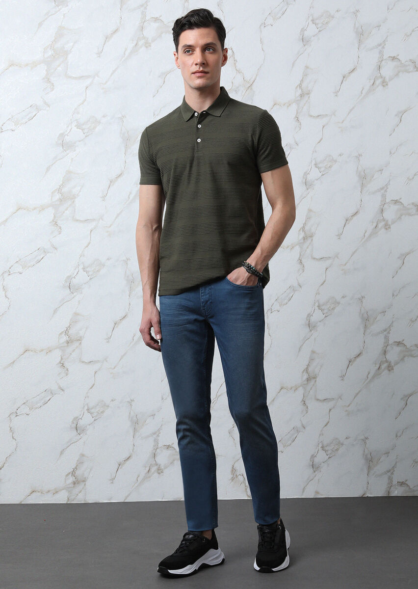 Haki Jakarlı Polo Yaka %100 Pamuk T-Shirt - 2