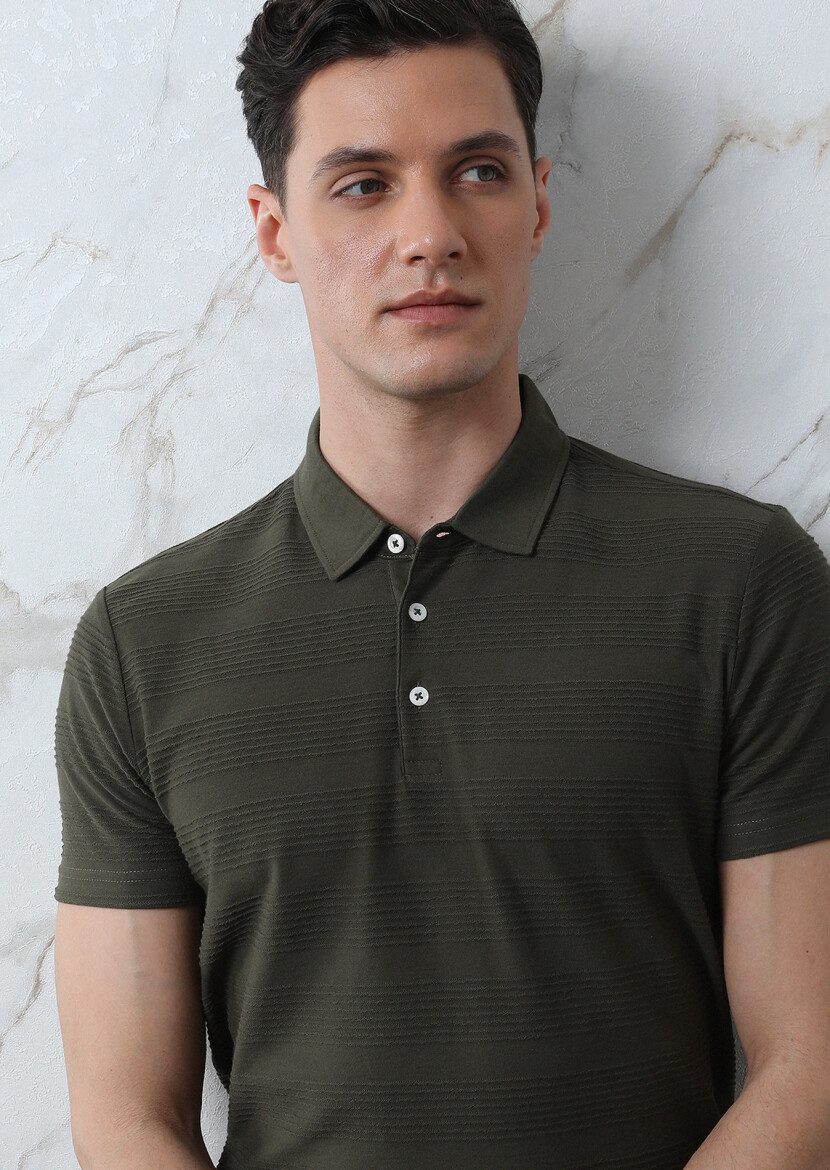 Haki Jakarlı Polo Yaka %100 Pamuk T-Shirt - 3