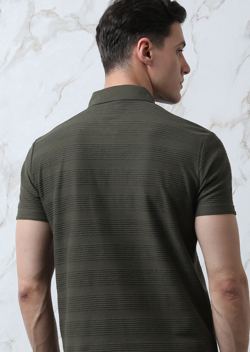 Haki Jakarlı Polo Yaka %100 Pamuk T-Shirt - 5