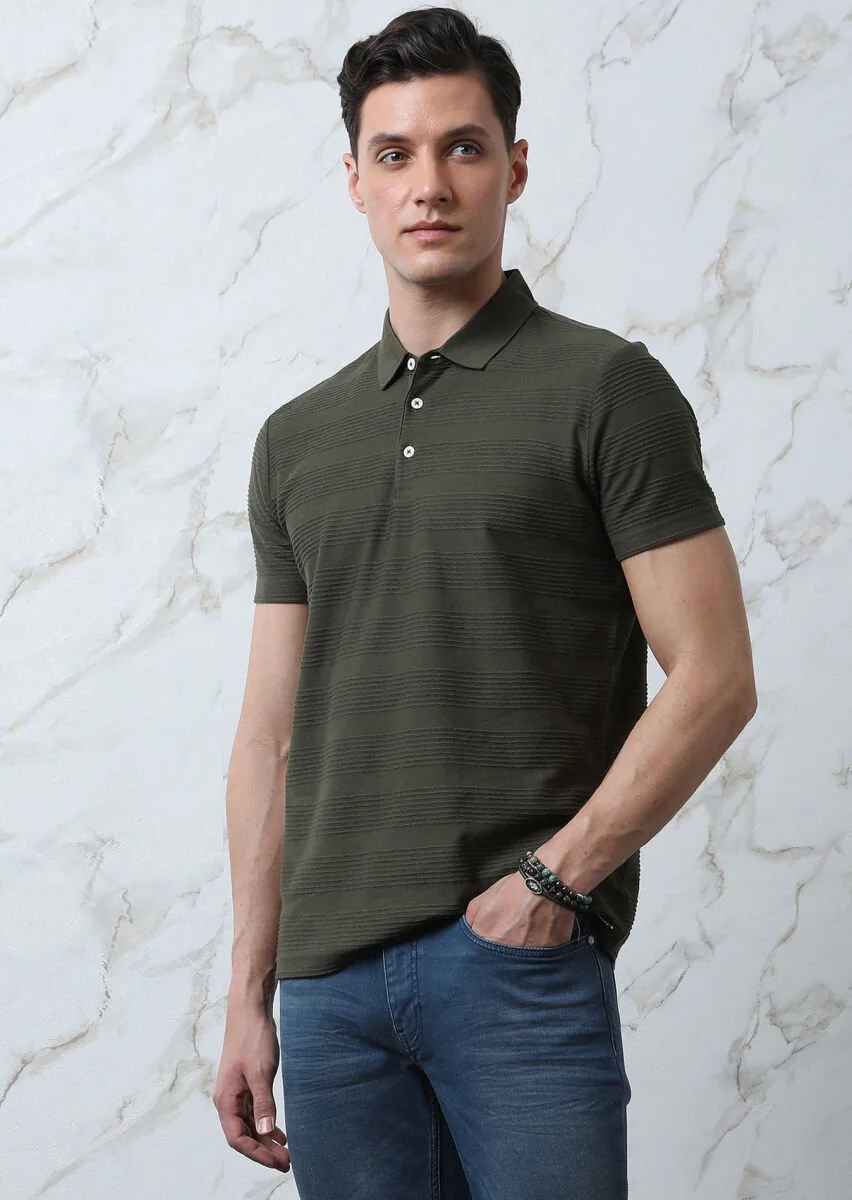 Haki Jakarlı Polo Yaka %100 Pamuk T-Shirt - 1