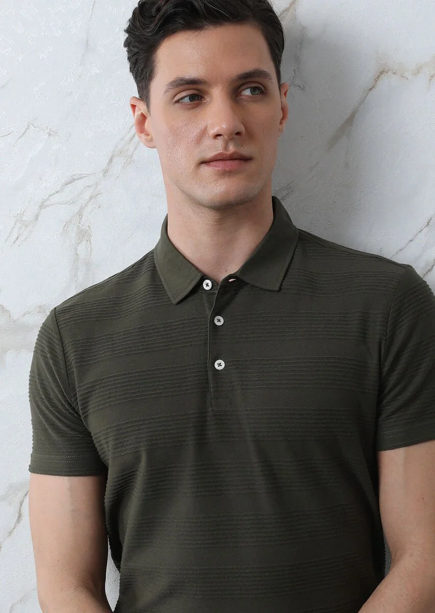 Haki Jakarlı Polo Yaka %100 Pamuk T-Shirt - 3
