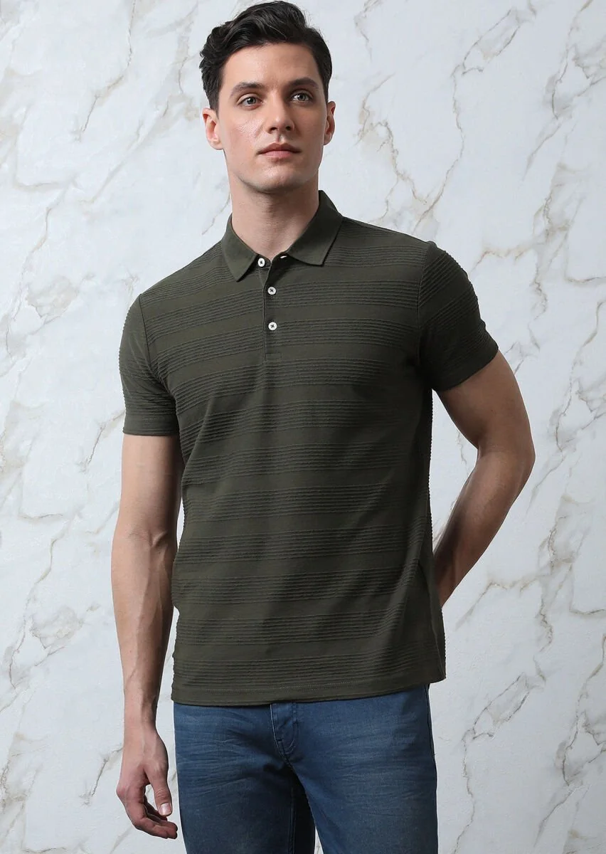 Haki Jakarlı Polo Yaka %100 Pamuk T-Shirt - 4