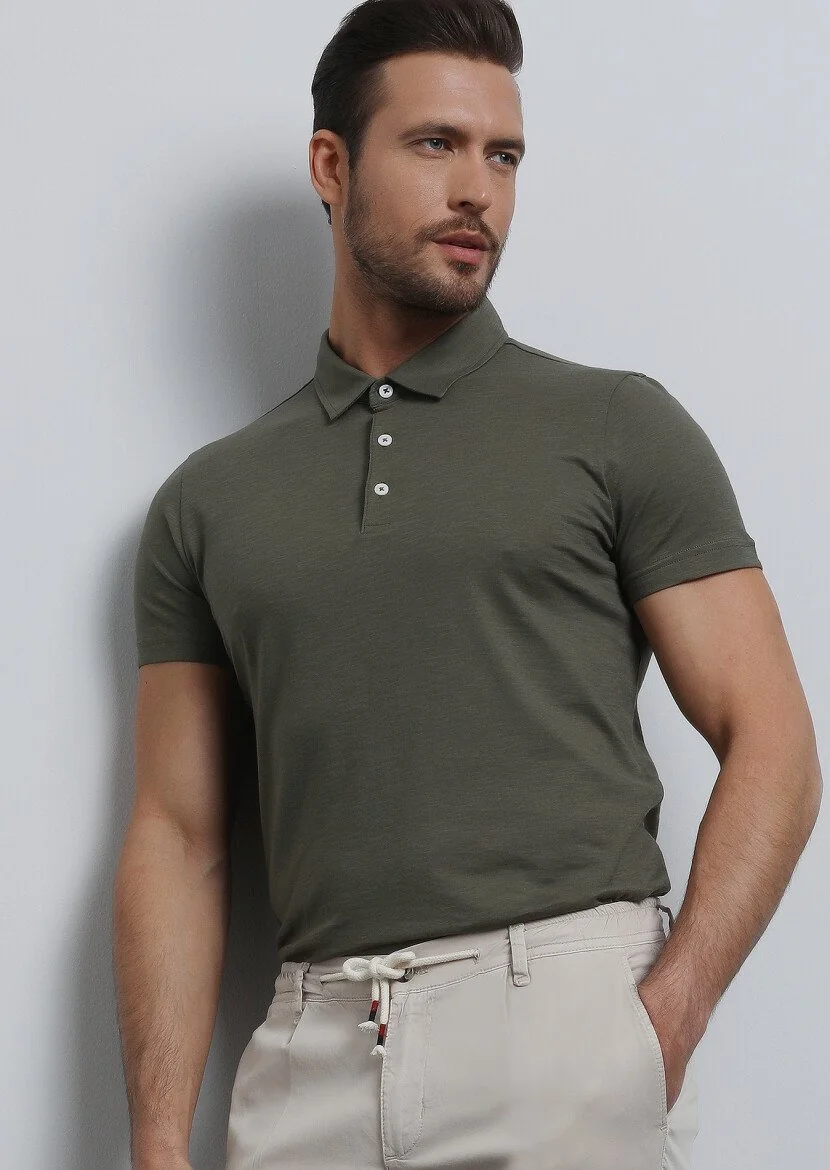 Haki Jakarlı Polo Yaka %100 Pamuk T-Shirt - 3