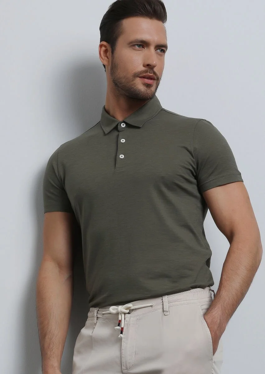 Haki Jakarlı Polo Yaka %100 Pamuk T-Shirt - 3