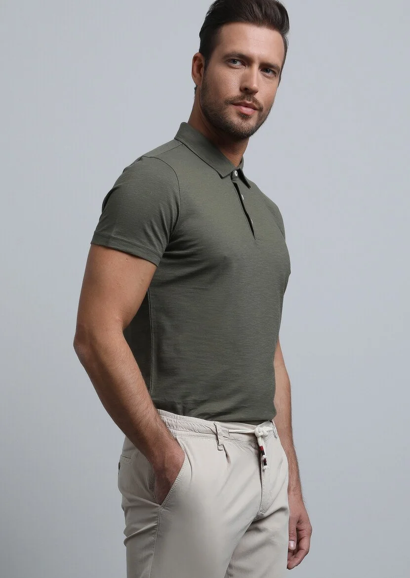 Haki Jakarlı Polo Yaka %100 Pamuk T-Shirt - 4