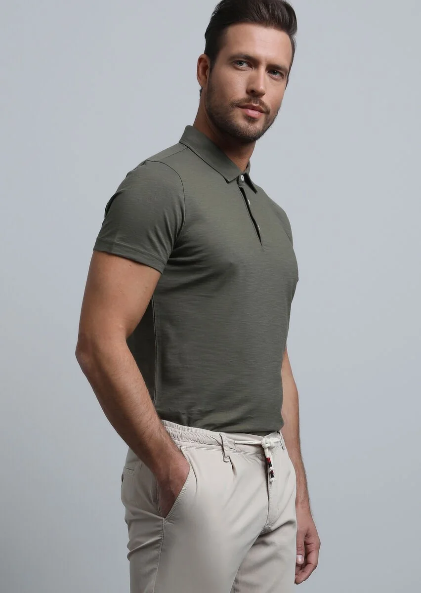 Haki Jakarlı Polo Yaka %100 Pamuk T-Shirt - 4