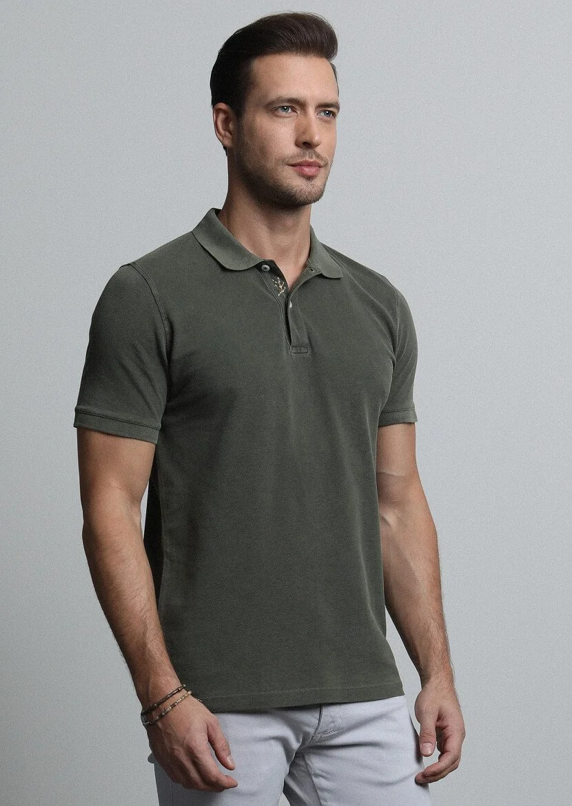 Haki Jakarlı Polo Yaka %100 Pamuk T-Shirt - 3