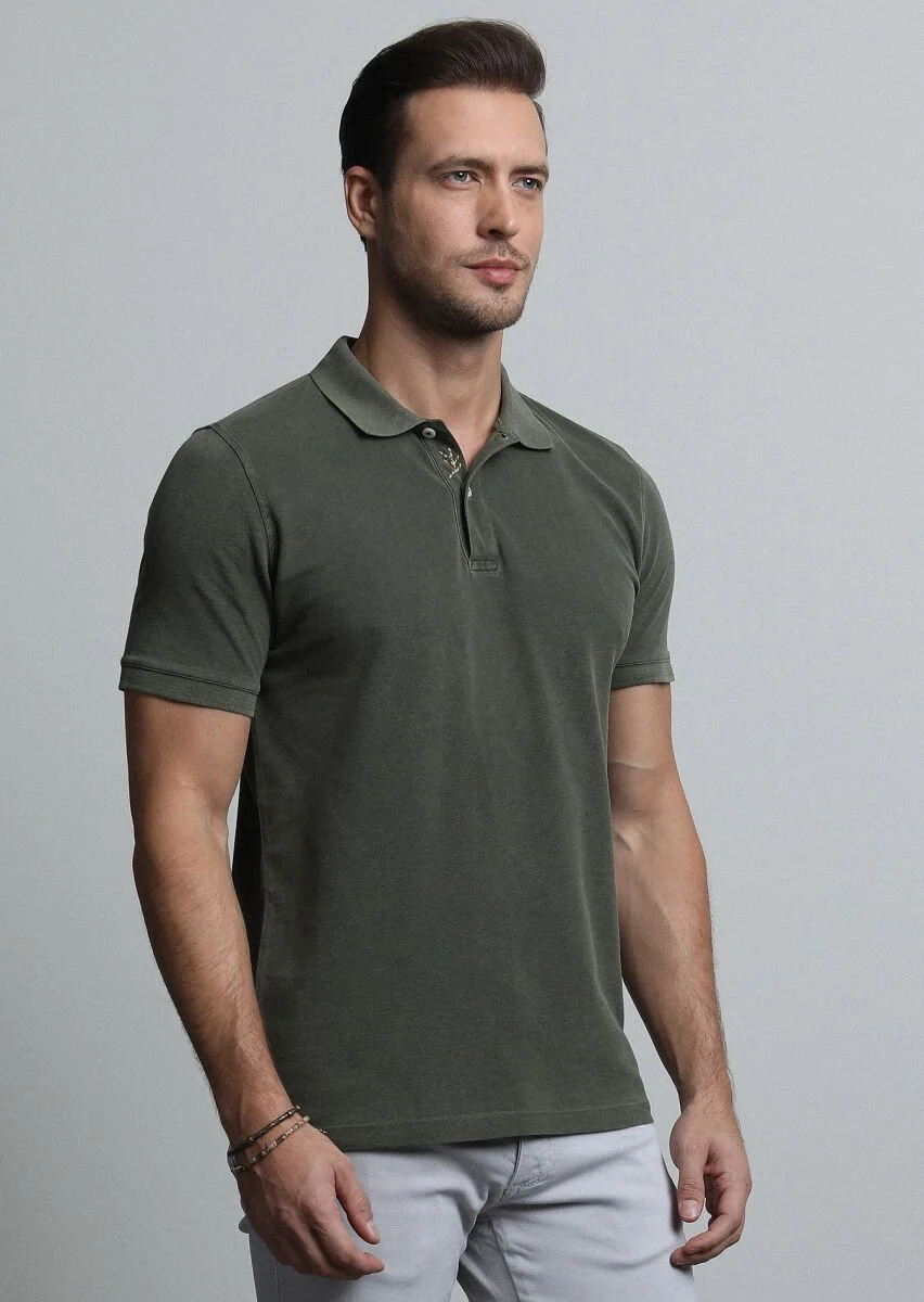 Haki Jakarlı Polo Yaka %100 Pamuk T-Shirt - 3