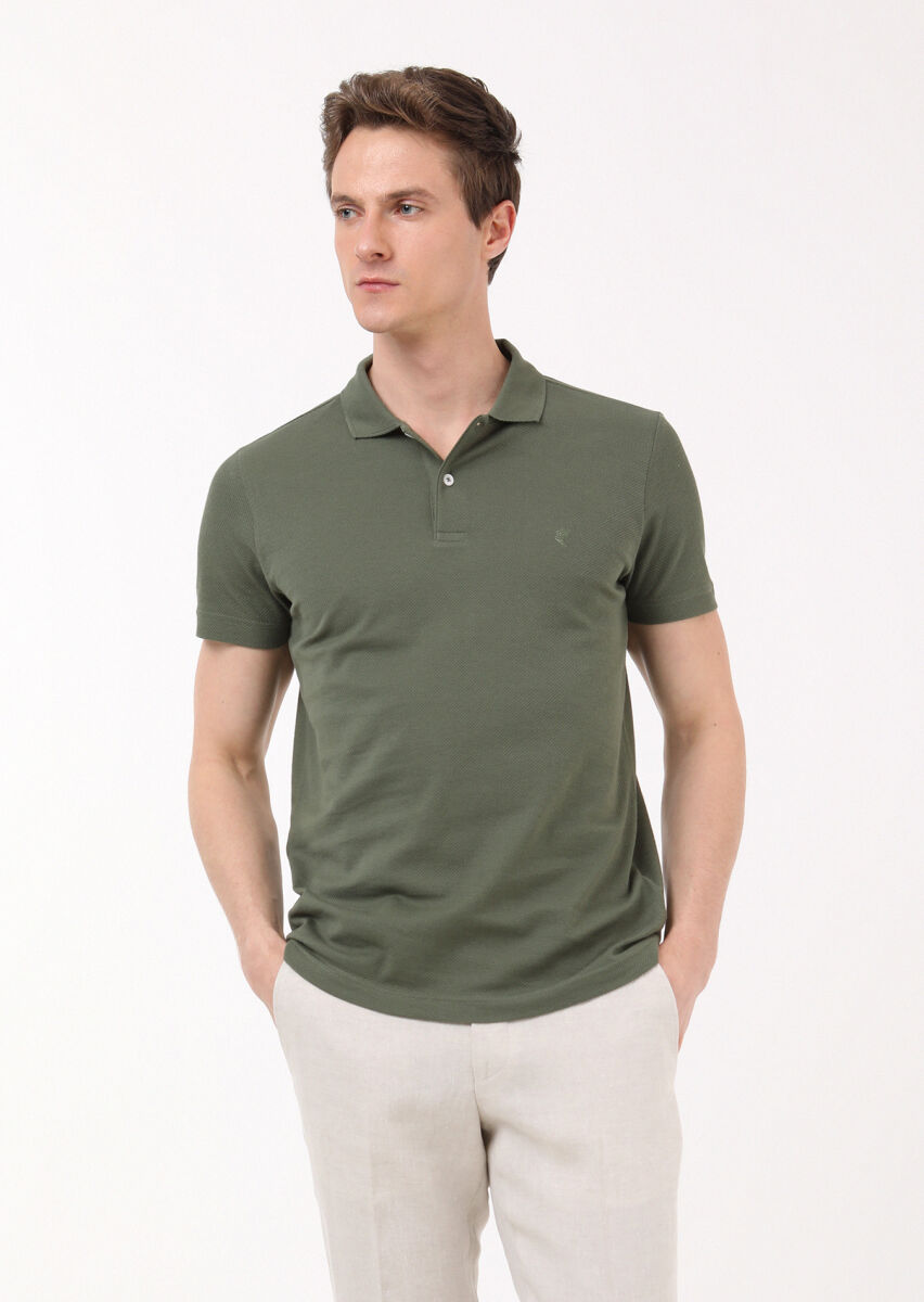 Haki Jakarlı Polo Yaka %100 Pamuk T-Shirt - 1