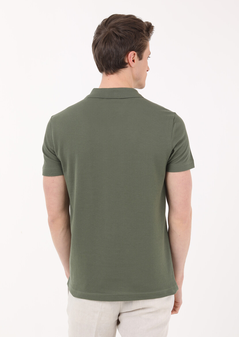 Haki Jakarlı Polo Yaka %100 Pamuk T-Shirt - 3