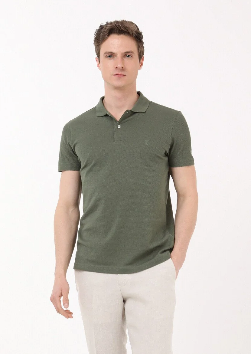Haki Jakarlı Polo Yaka %100 Pamuk T-Shirt - 3