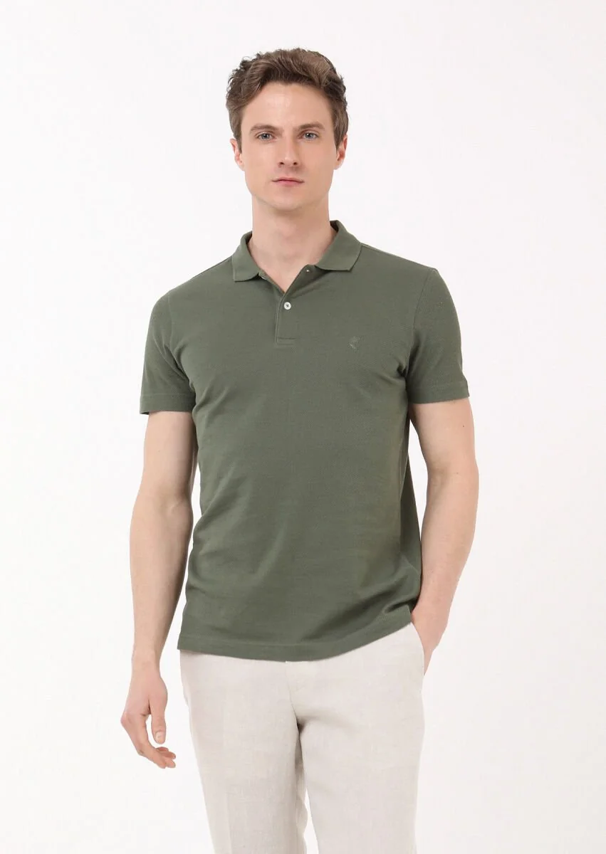 Haki Jakarlı Polo Yaka %100 Pamuk T-Shirt - 3
