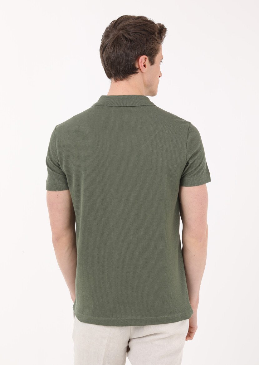 Haki Jakarlı Polo Yaka %100 Pamuk T-Shirt - 4