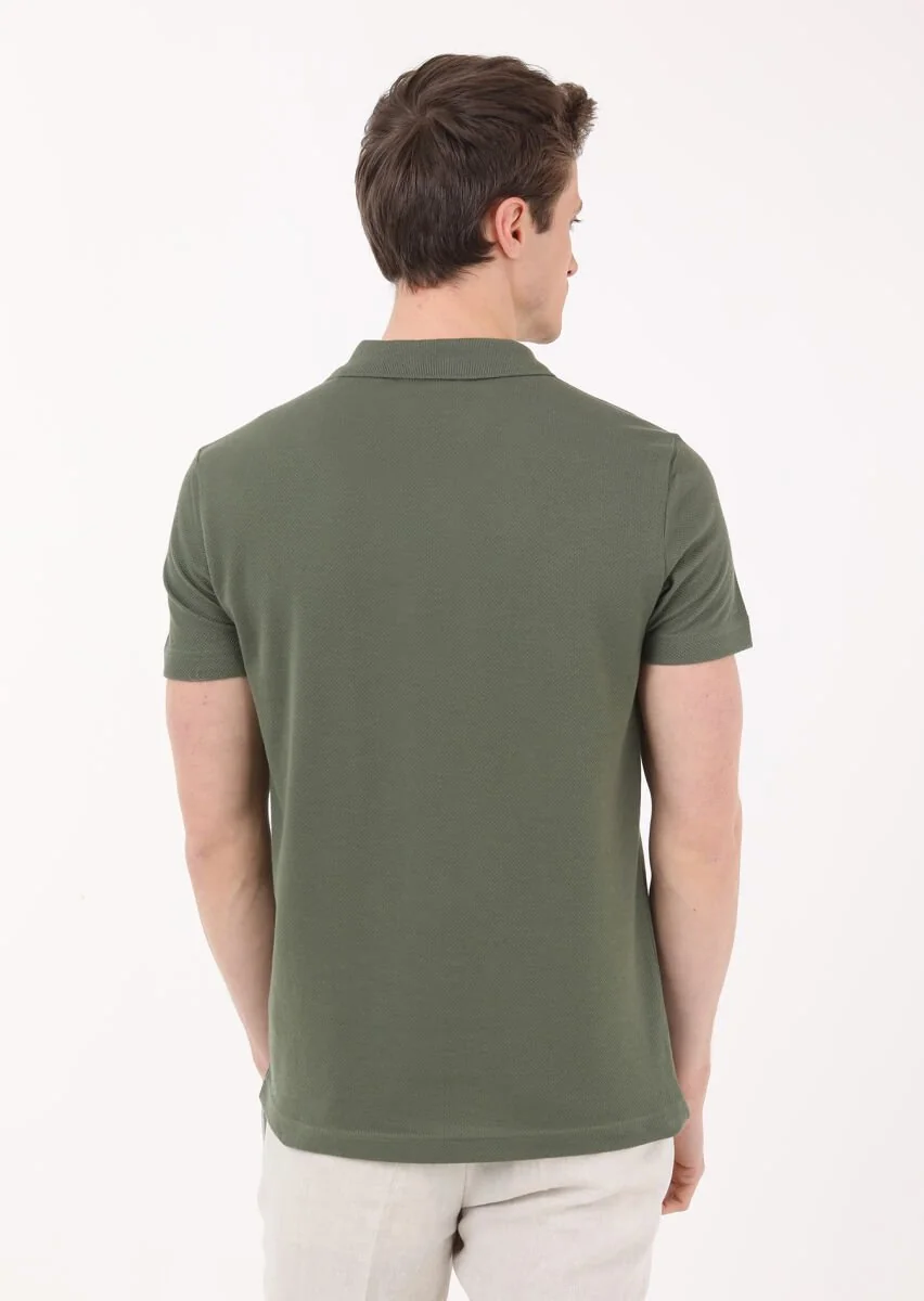Haki Jakarlı Polo Yaka %100 Pamuk T-Shirt - 4