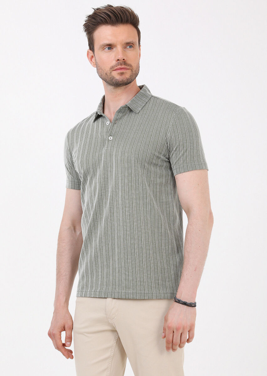 Haki Jakarlı Polo Yaka %100 Pamuk T-Shirt - 1