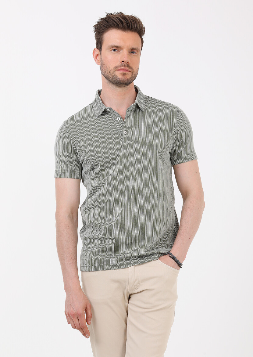 Haki Jakarlı Polo Yaka %100 Pamuk T-Shirt - 3