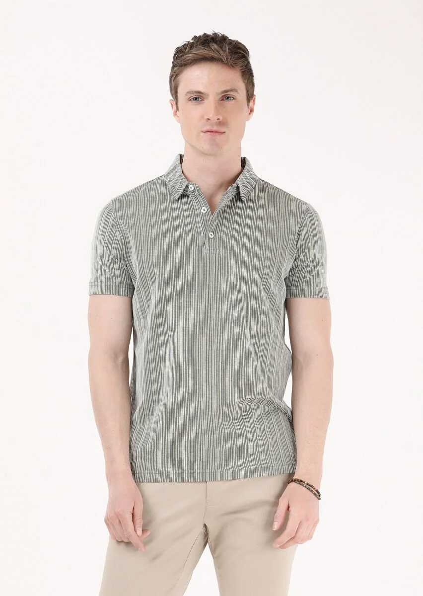 Haki Jakarlı Polo Yaka %100 Pamuk T-Shirt - 3