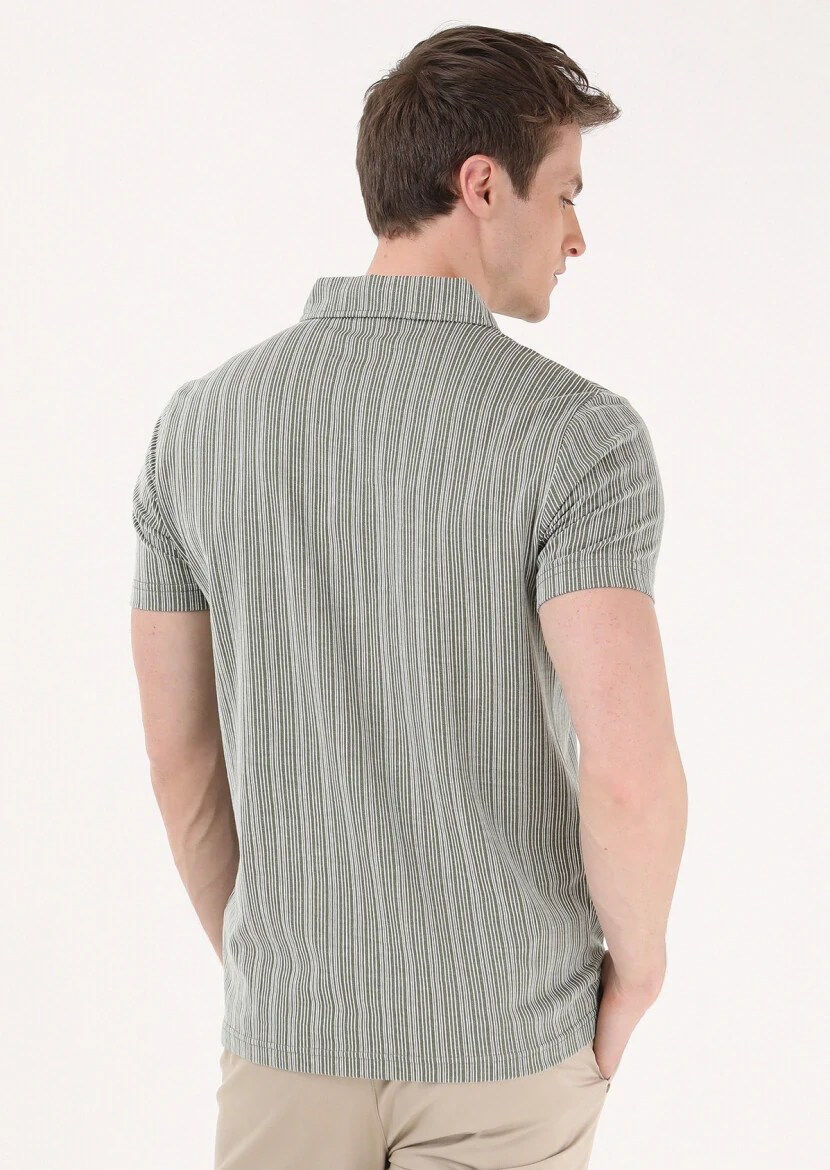 Haki Jakarlı Polo Yaka %100 Pamuk T-Shirt - 5