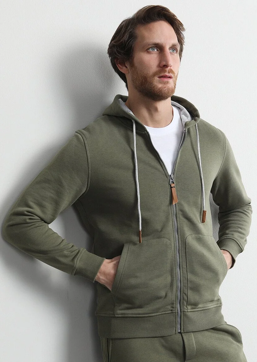 Haki Kapüşonlu Düz Sweatshırt - 1