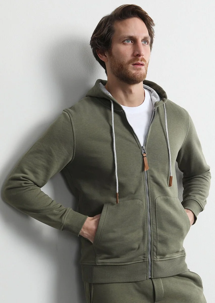 Haki Kapüşonlu Düz Sweatshırt - 1