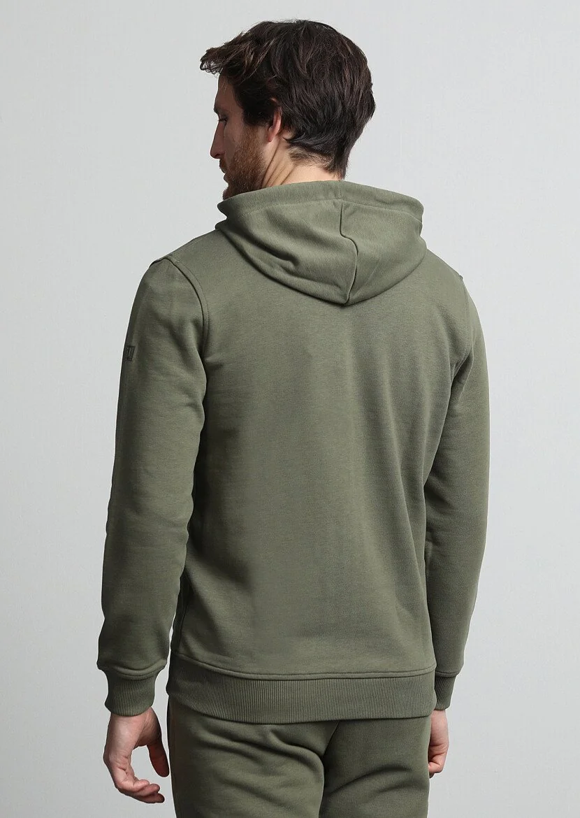 Haki Kapüşonlu Düz Sweatshırt - 4