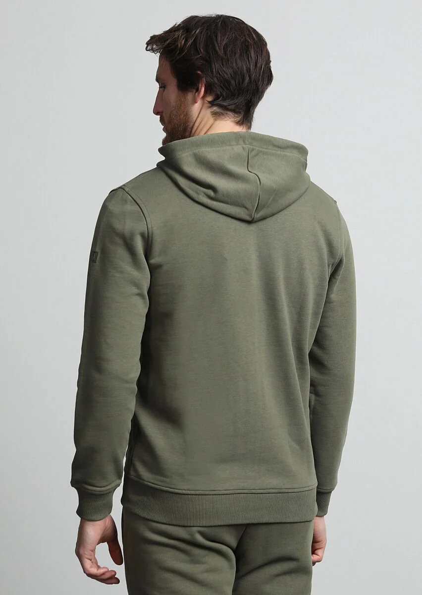 Haki Kapüşonlu Düz Sweatshırt - 4