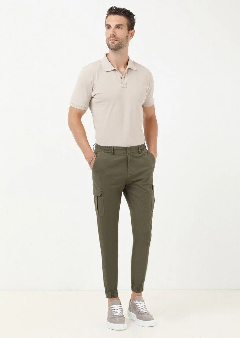 Haki Kareli Dokuma Jogging Fit Casual Pamuk Karışımlı Pantolon - 1