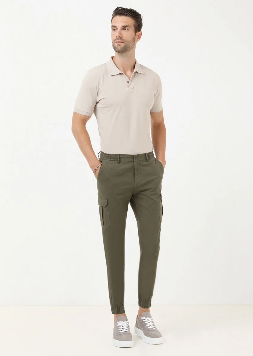 Haki Kareli Dokuma Jogging Fit Casual Pamuk Karışımlı Pantolon - 1