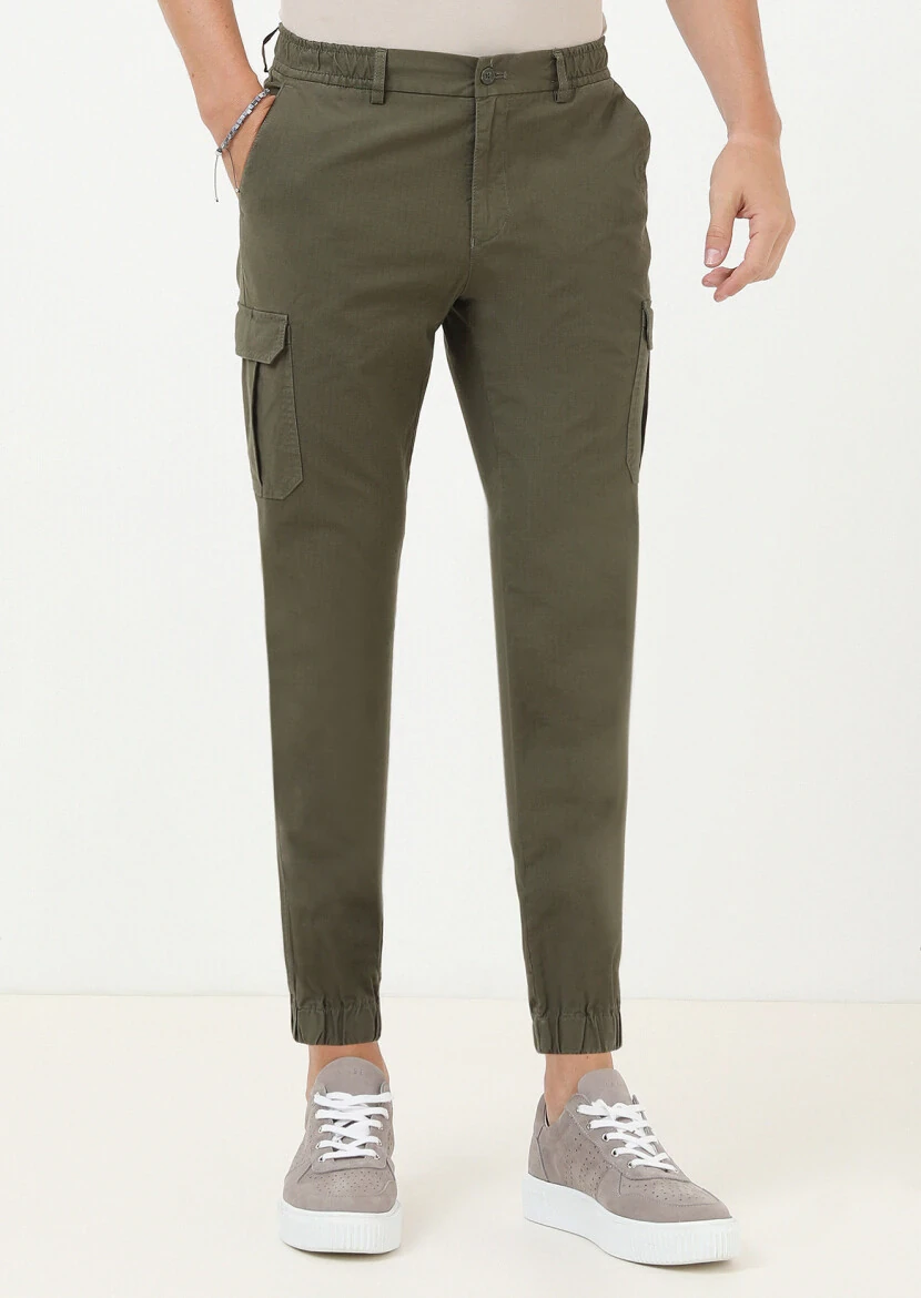 Haki Kareli Dokuma Jogging Fit Casual Pamuk Karışımlı Pantolon - 2