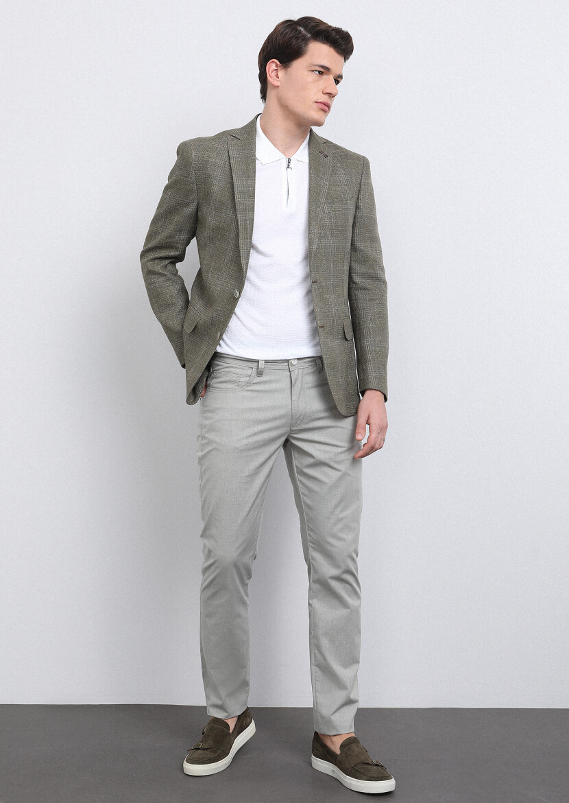 Haki Kareli Shirt Shoulder Slim Fit Pamuk Karışımlı Ceket - 1