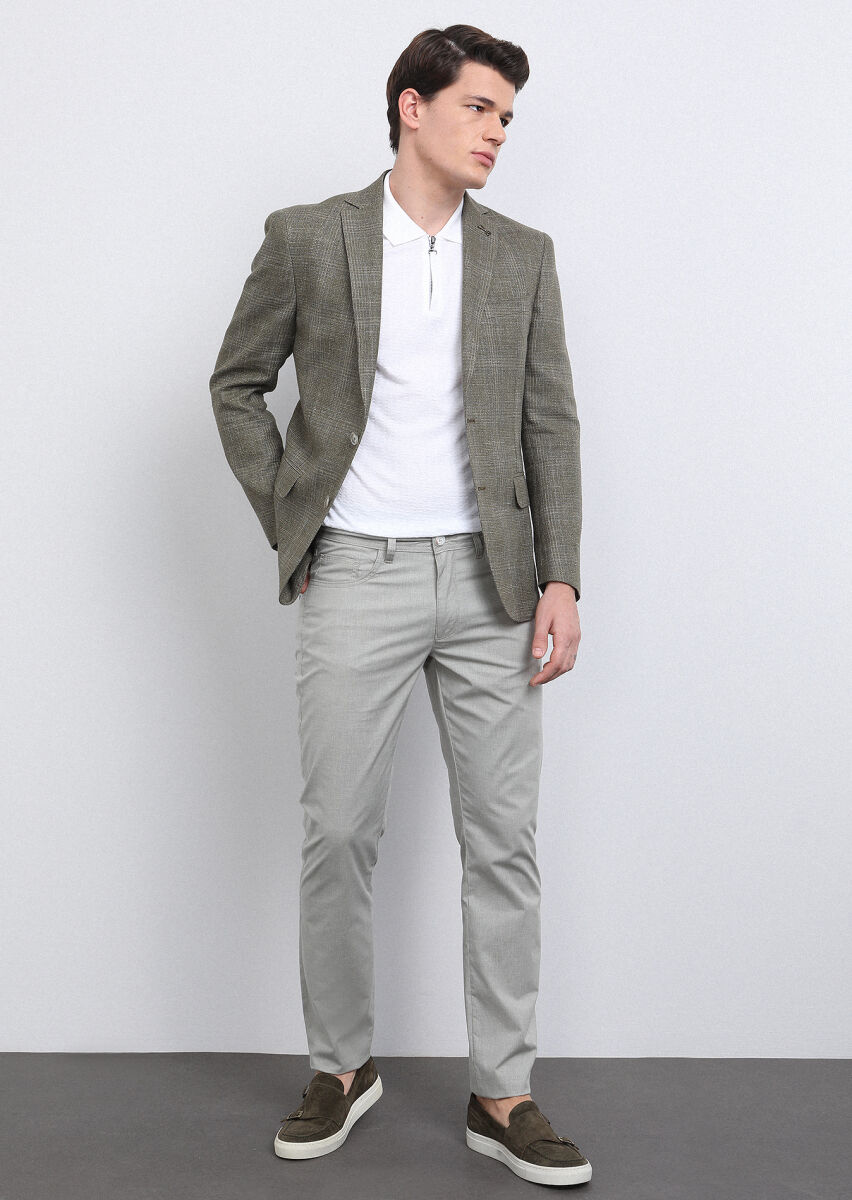 Haki Kareli Shirt Shoulder Slim Fit Pamuk Karışımlı Ceket - 1