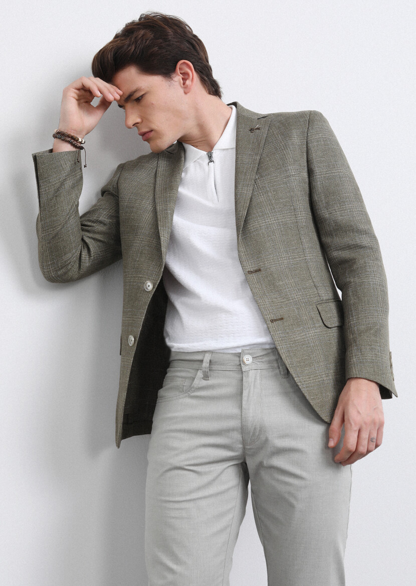Haki Kareli Shirt Shoulder Slim Fit Pamuk Karışımlı Ceket - 3