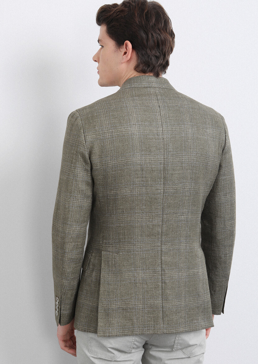 Haki Kareli Shirt Shoulder Slim Fit Pamuk Karışımlı Ceket - 5