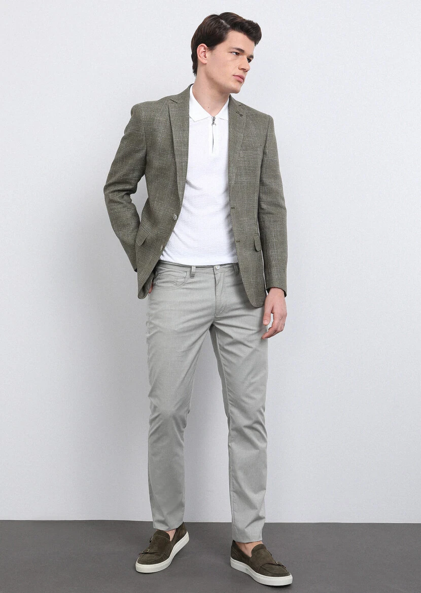 Haki Kareli Shirt Shoulder Slim Fit Pamuk Karışımlı Ceket - 1