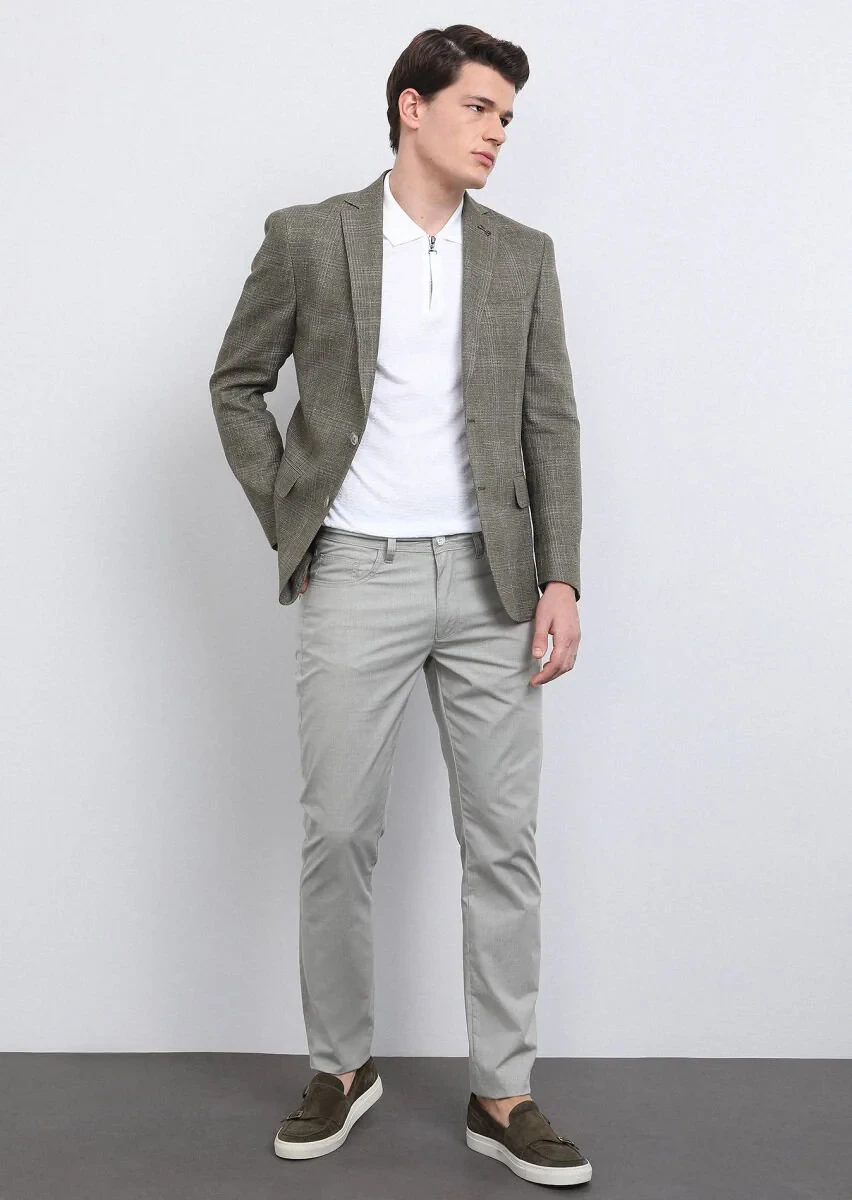 Haki Kareli Shirt Shoulder Slim Fit Pamuk Karışımlı Ceket - 1