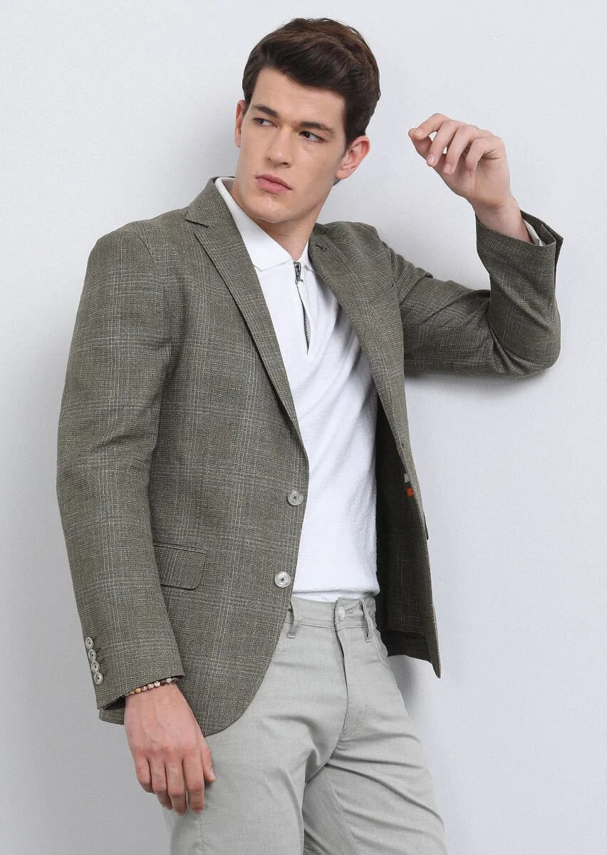 Haki Kareli Shirt Shoulder Slim Fit Pamuk Karışımlı Ceket - 2