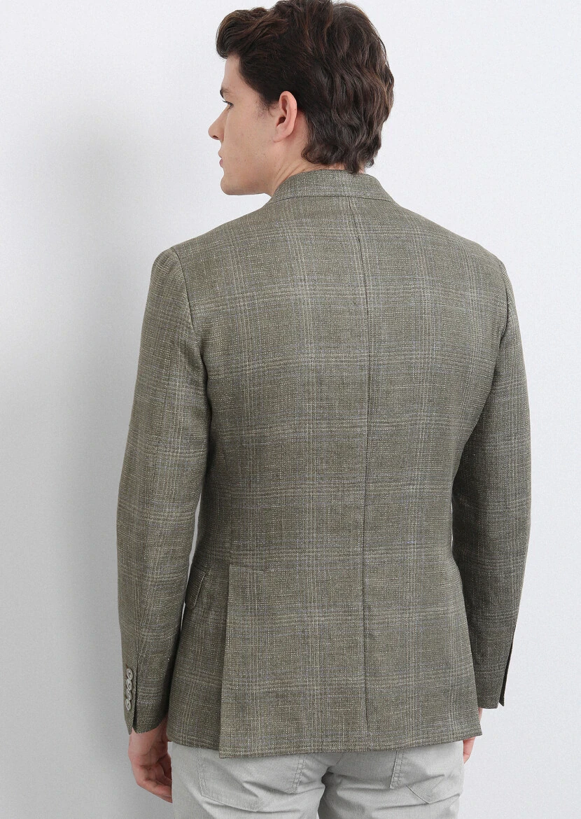 Haki Kareli Shirt Shoulder Slim Fit Pamuk Karışımlı Ceket - 5