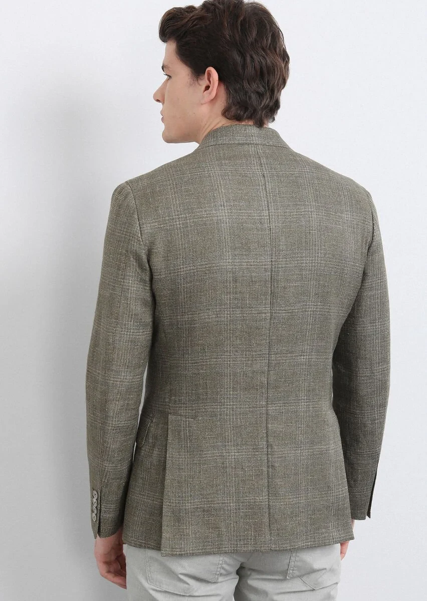 Haki Kareli Shirt Shoulder Slim Fit Pamuk Karışımlı Ceket - 5